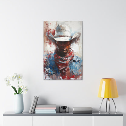 Vertical-oriented artwork: Portrait of a Cowboy II depicts a close-up portrait of a lone cowboy, his face partially obscured by a wide-brimmed hat, rendered in the Impressionist style with charming details and contrasting values, capturing the rugged beauty of the Old West.