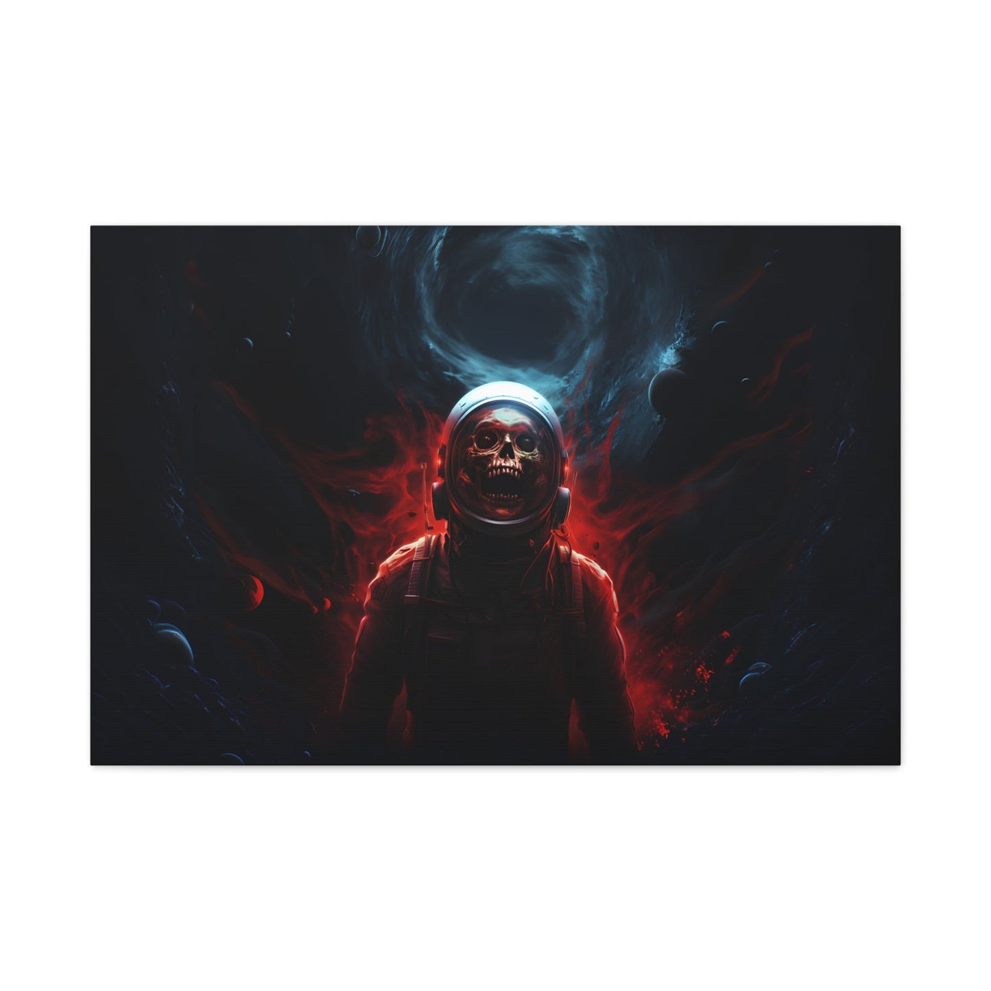 Horizontal-oriented wall art:'Cosmic Remains' from the Deep Space Dread collection features a surreal depiction of an astronaut's skeletal figure suspended in the vastness of space. The artwork showcases intricate details and cosmic hues, capturing the enigma of cosmic mysteries and otherworldly encounters.