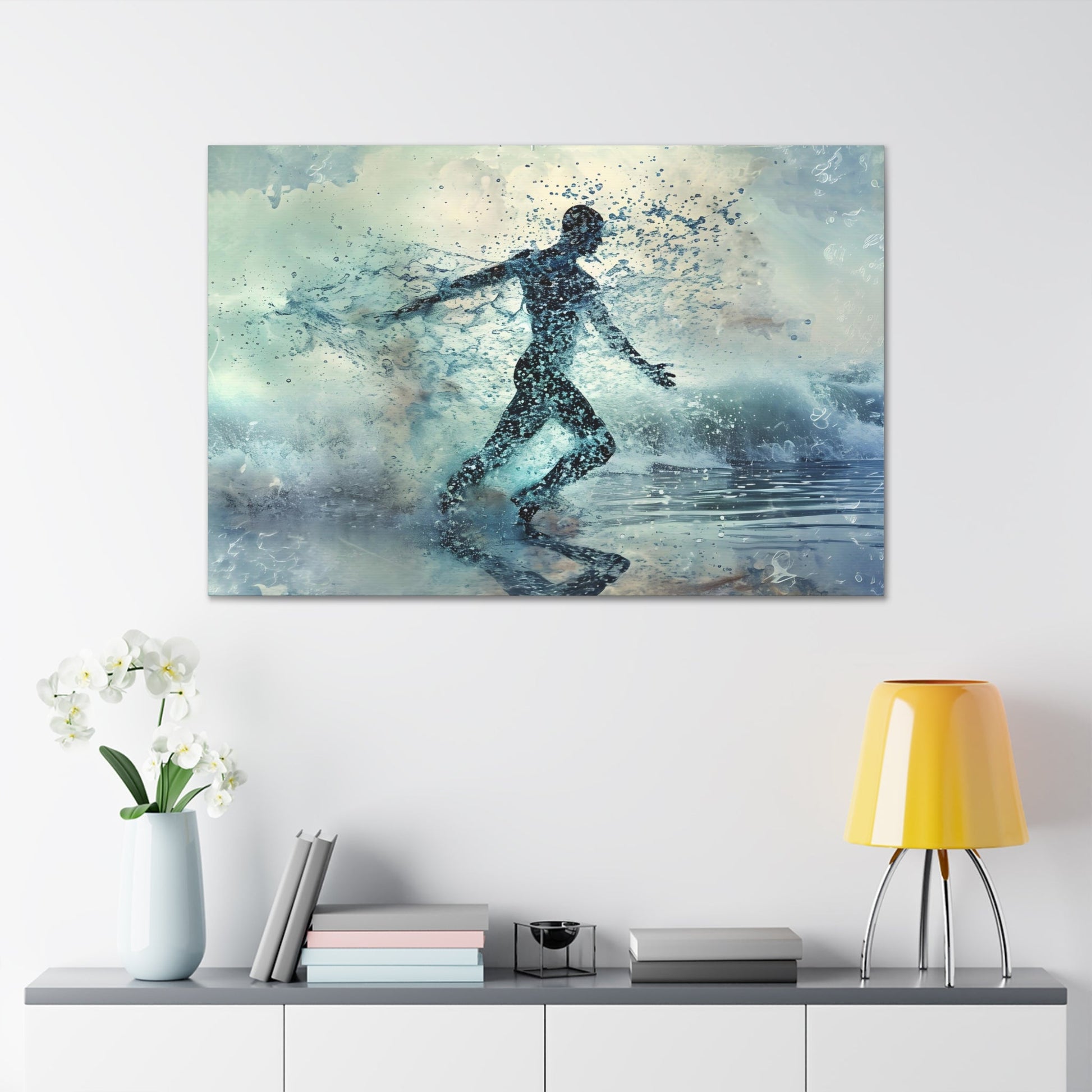 Spectral Seafarer" portrays a male silhouette dancing amid celestial oceanic waves, blending ethereal beauty with the grace of the underwater world, in a stunning display of pointillism-infused art.