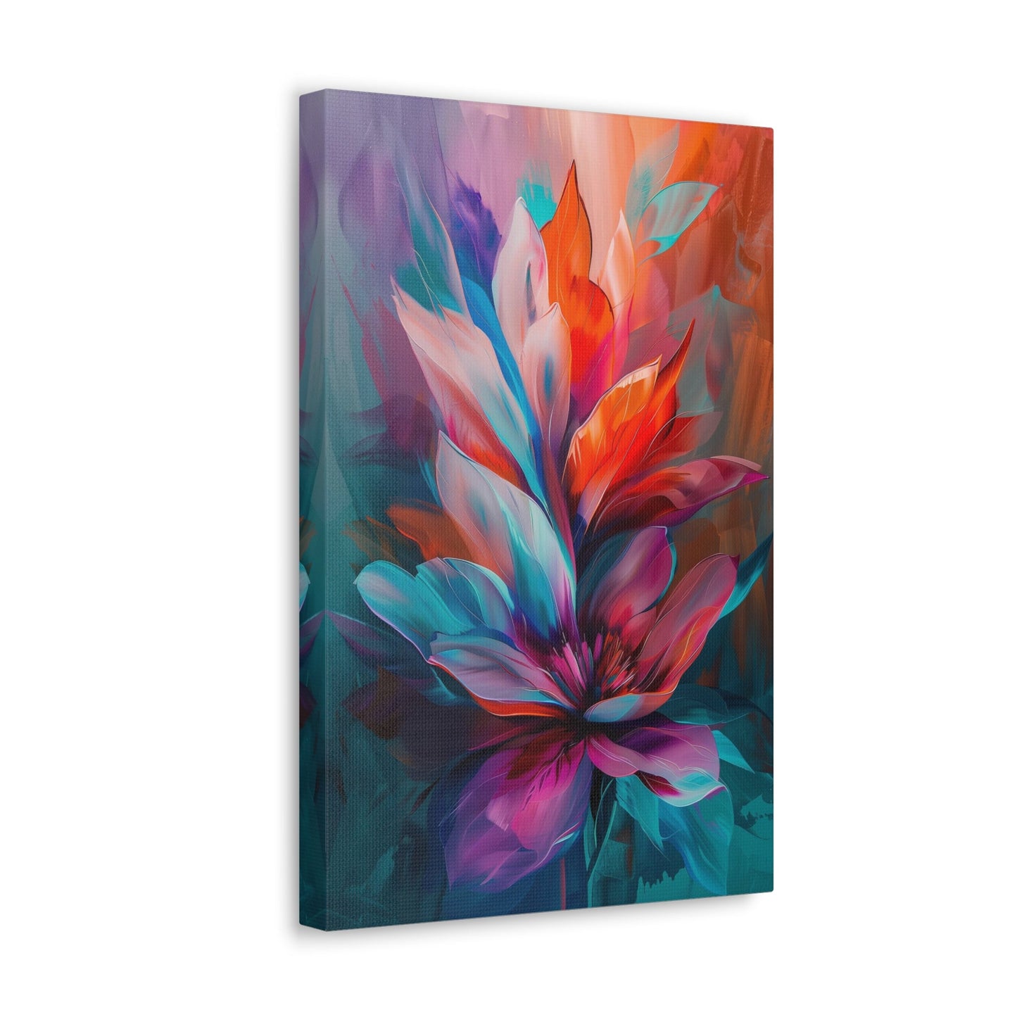 Vertical-oriented artwork: Vivid Floral Kaleidoscope - An abstract still life painting featuring a dynamic mix of colorful flowers in a kaleidoscopic arrangement, bursting with vibrant hues and intricate patterns.