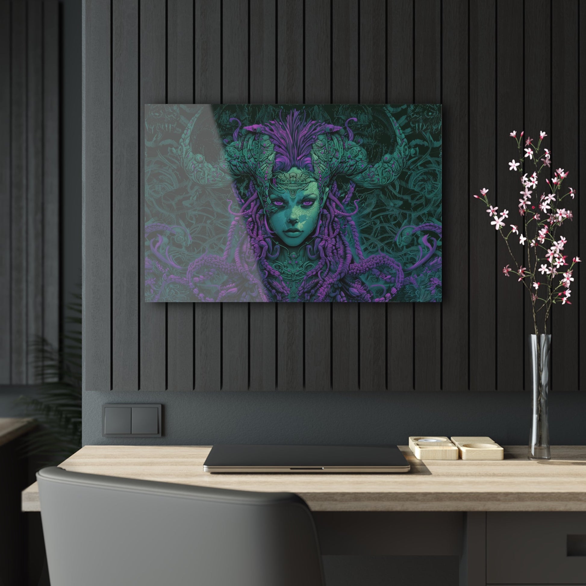 Horizontal-oriented artwork: Illustration inspired artwork featuring an otherworldly queen with green skin and purple tentacles, set against a dark and mysterious background. The queen's symmetrical face and intricate design elements evoke an aura of eerie mystique.