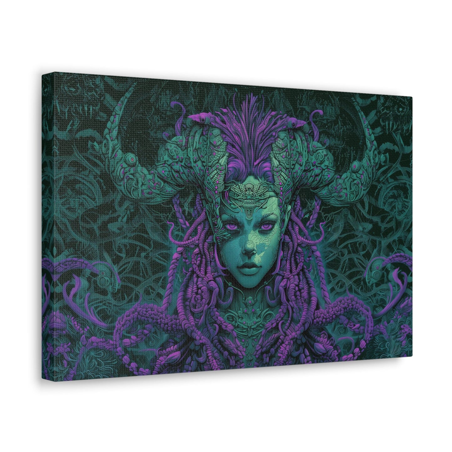 Horizontal-oriented artwork: Illustration inspired artwork featuring an otherworldly queen with green skin and purple tentacles, set against a dark and mysterious background. The queen's symmetrical face and intricate design elements evoke an aura of eerie mystique.