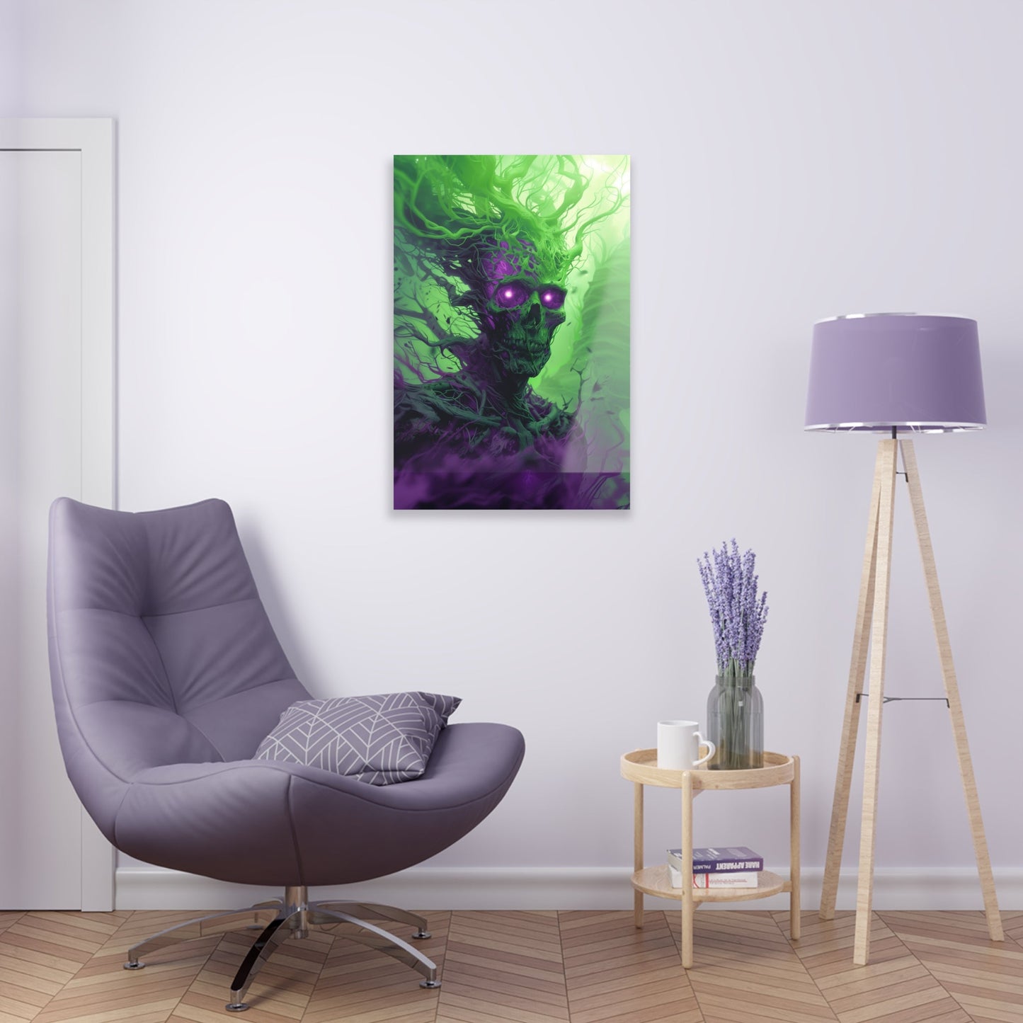 Vertical-oriented artwork: An eerie illustration featuring a mystical lich with glowing eyes, surrounded by eldritch energies in shades of green and purple, against a dark, ominous background.