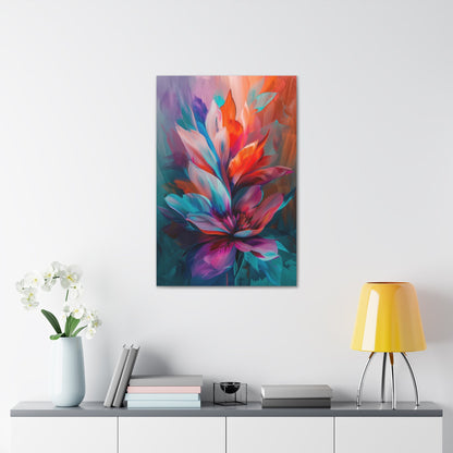 Vertical-oriented artwork: Vivid Floral Kaleidoscope - An abstract still life painting featuring a dynamic mix of colorful flowers in a kaleidoscopic arrangement, bursting with vibrant hues and intricate patterns.