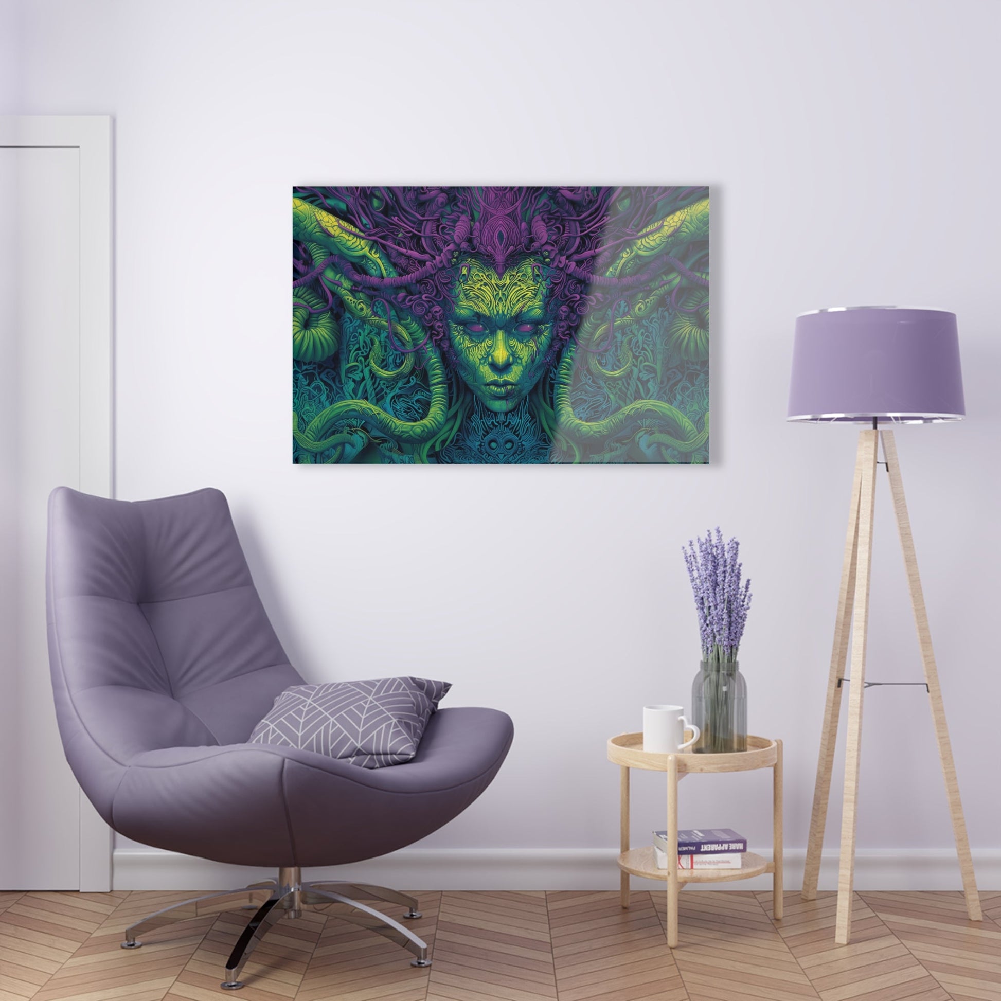 Horizontal-oriented artwork: Illustration inspired artwork featuring an otherworldly queen with green skin and purple tentacles, set against a dark and mysterious background. The queen's symmetrical face and intricate design elements evoke an aura of eerie mystique.