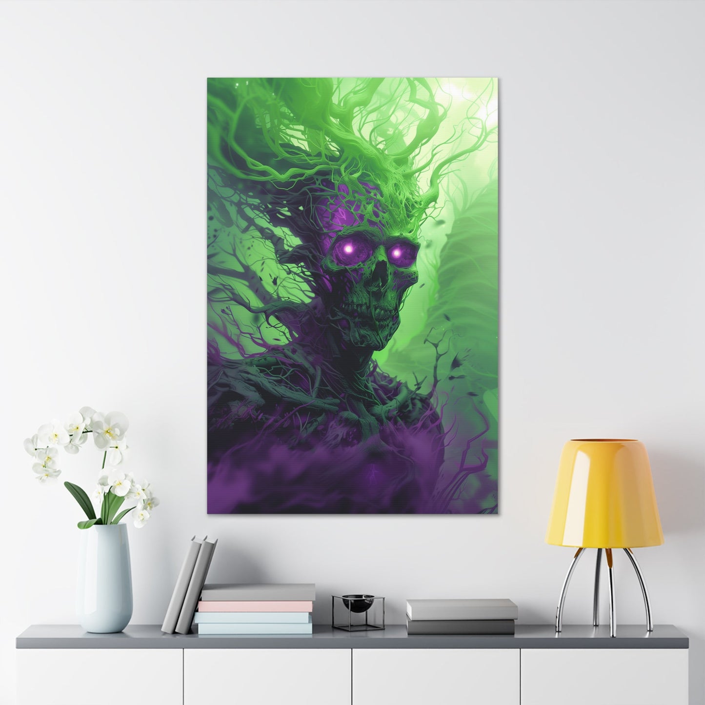 Vertical-oriented artwork: An eerie illustration featuring a mystical lich with glowing eyes, surrounded by eldritch energies in shades of green and purple, against a dark, ominous background.