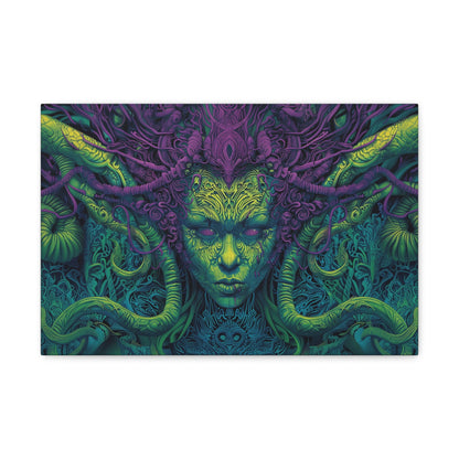 Horizontal-oriented artwork: Illustration inspired artwork featuring an otherworldly queen with green skin and purple tentacles, set against a dark and mysterious background. The queen's symmetrical face and intricate design elements evoke an aura of eerie mystique.