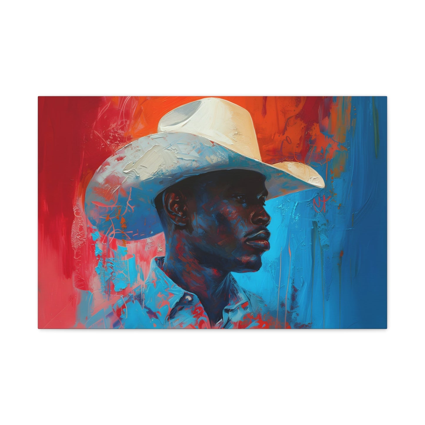 Horizontal-oriented artwork: Portrait of a Cowboy III depicts a close-up portrait of a lone cowboy, his face partially obscured by a wide-brimmed hat, rendered in the Impressionist style with charming details and contrasting values, capturing the rugged beauty of the Old West.