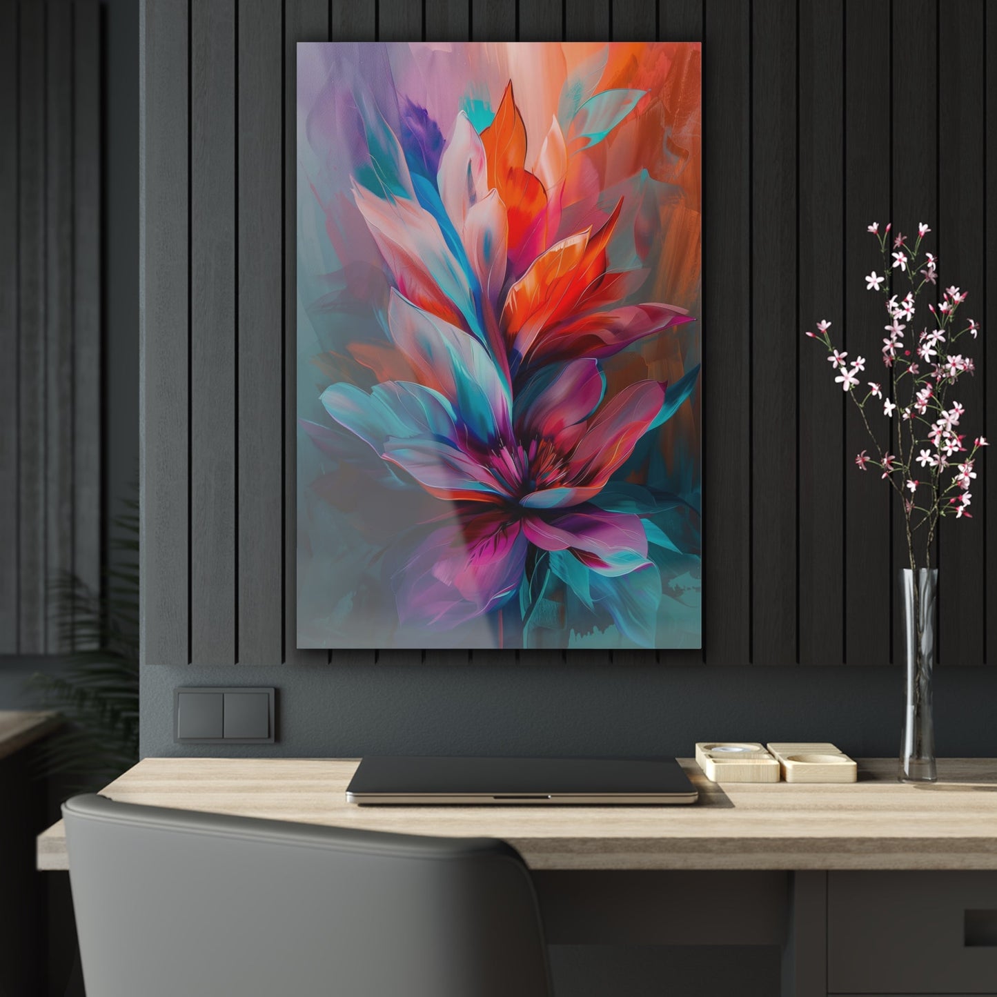 Vertical-oriented artwork: Vivid Floral Kaleidoscope - An abstract still life painting featuring a dynamic mix of colorful flowers in a kaleidoscopic arrangement, bursting with vibrant hues and intricate patterns.