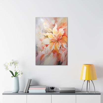 Vertical-Oriented wall art: "Whispering Ivory II" A soft, ivory-colored flower with gentle petals in shades of cream, peach, and blush, captured in flowing brushstrokes. This abstract artwork exudes tranquility and elegance, creating a serene atmosphere.