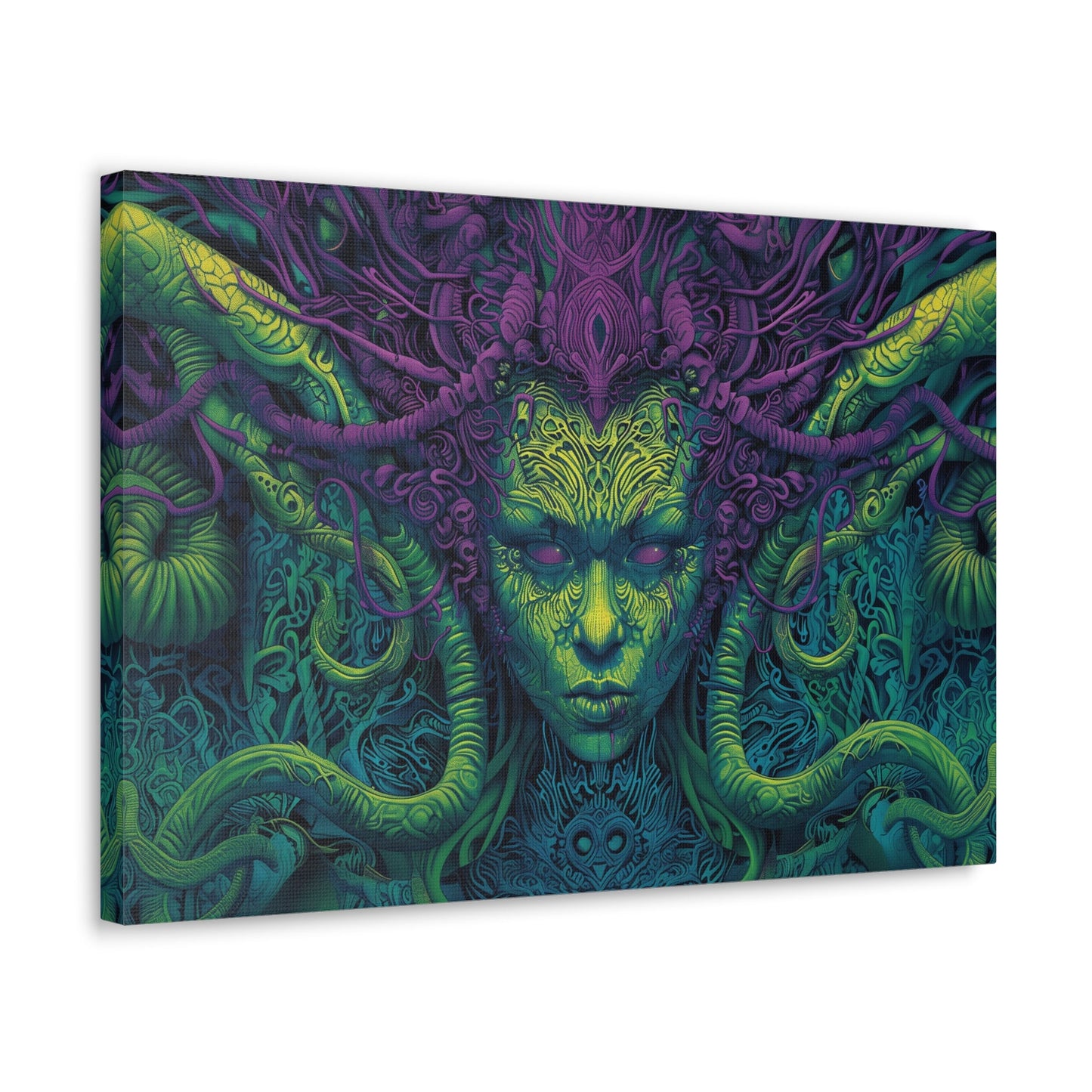 Horizontal-oriented artwork: Illustration inspired artwork featuring an otherworldly queen with green skin and purple tentacles, set against a dark and mysterious background. The queen's symmetrical face and intricate design elements evoke an aura of eerie mystique.