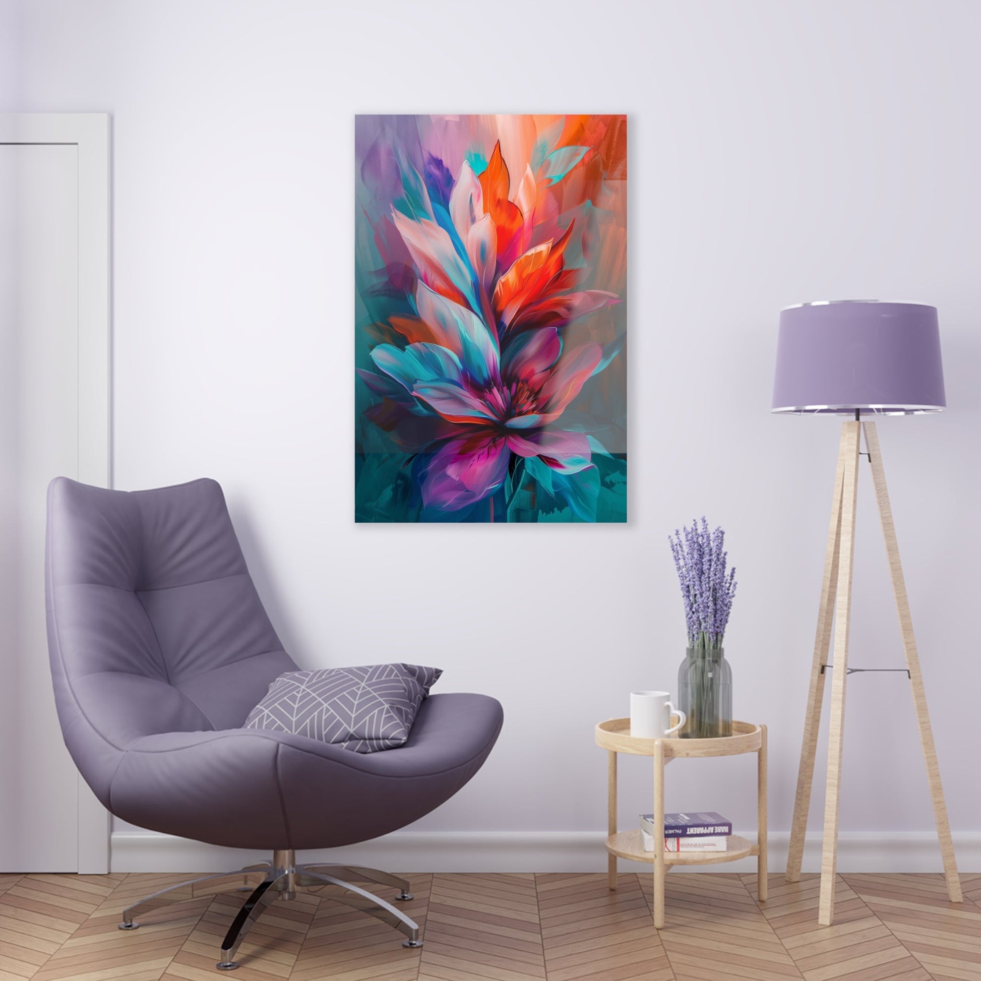 Vertical-oriented artwork: Vivid Floral Kaleidoscope - An abstract still life painting featuring a dynamic mix of colorful flowers in a kaleidoscopic arrangement, bursting with vibrant hues and intricate patterns.