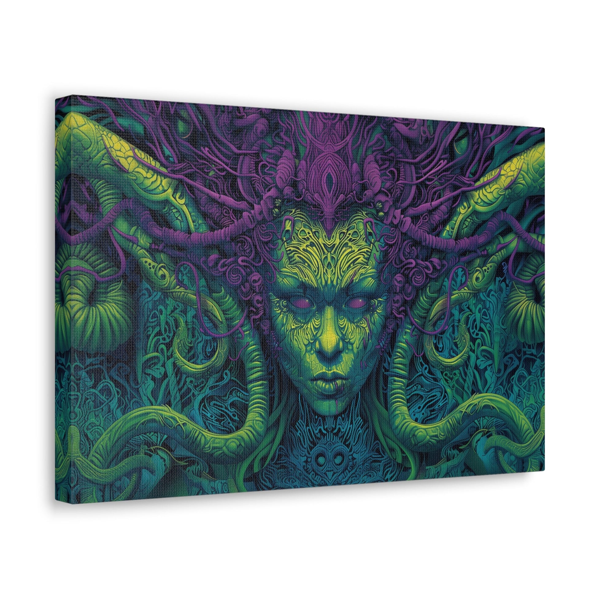 Horizontal-oriented artwork: Illustration inspired artwork featuring an otherworldly queen with green skin and purple tentacles, set against a dark and mysterious background. The queen's symmetrical face and intricate design elements evoke an aura of eerie mystique.