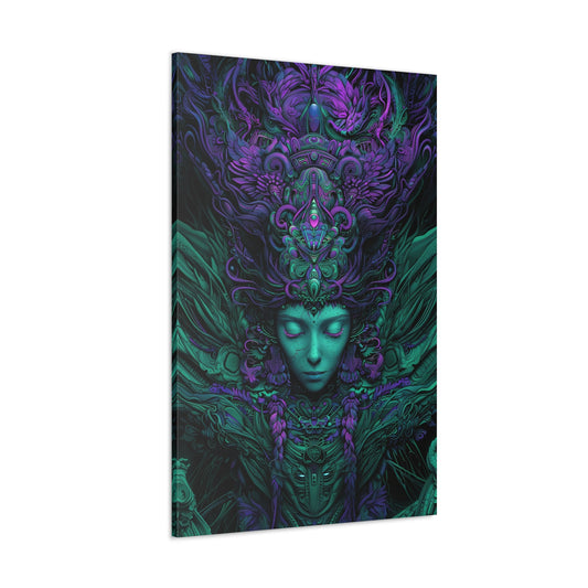 Vertical-oriented artwork: Illustration inspired artwork featuring an otherworldly queen with green skin and purple tentacles, set against a dark and mysterious background. The queen's symmetrical face and intricate design elements evoke an aura of eerie mystique.