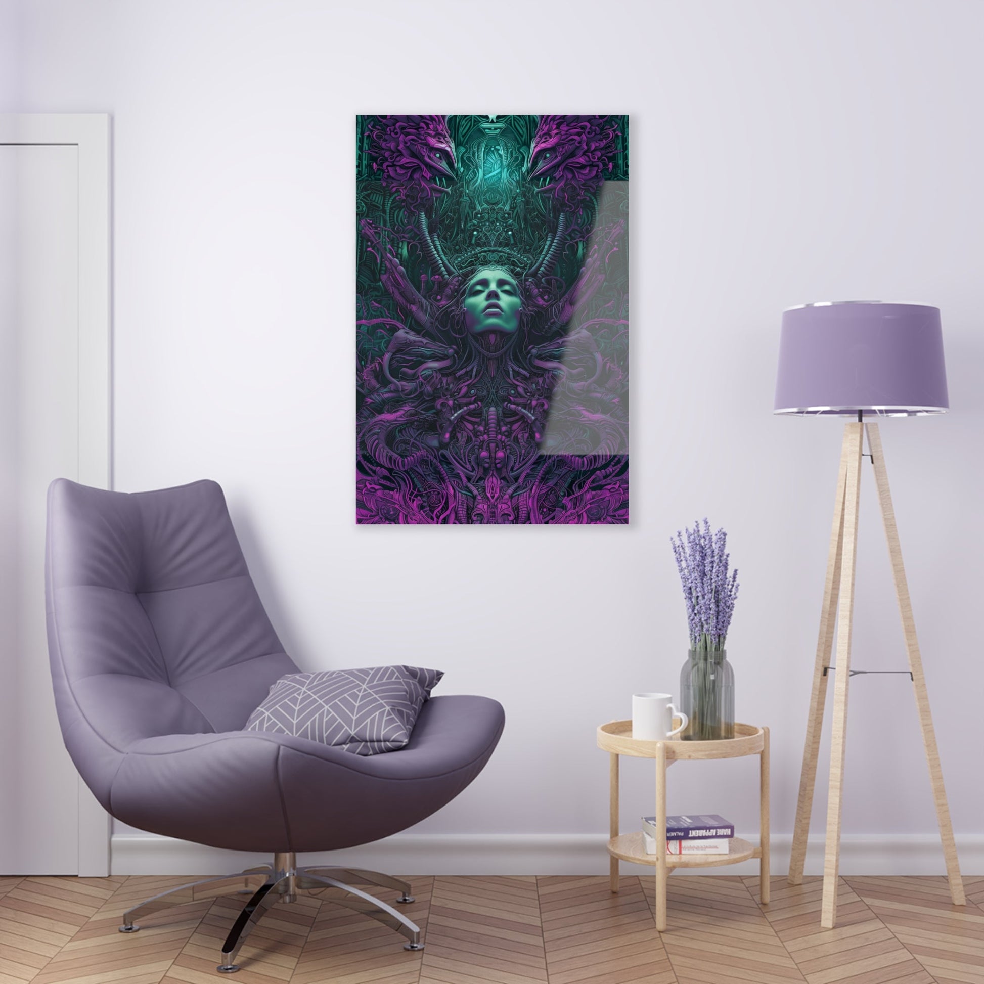 Vertical-oriented artwork: Illustration inspired artwork featuring an otherworldly queen with green skin and purple tentacles, set against a dark and mysterious background. The queen's symmetrical face and intricate design elements evoke an aura of eerie mystique.