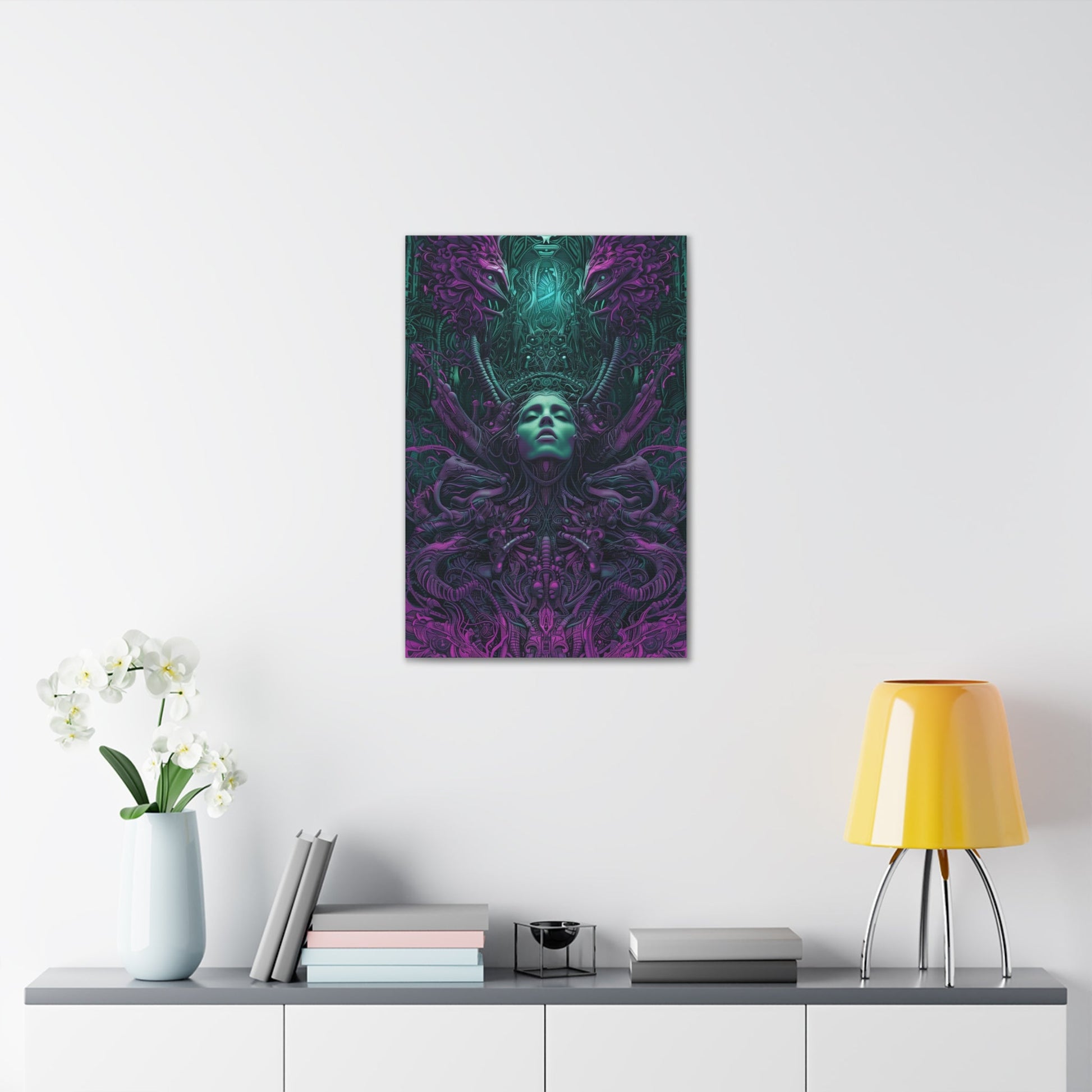 Vertical-oriented artwork: Illustration inspired artwork featuring an otherworldly queen with green skin and purple tentacles, set against a dark and mysterious background. The queen's symmetrical face and intricate design elements evoke an aura of eerie mystique.