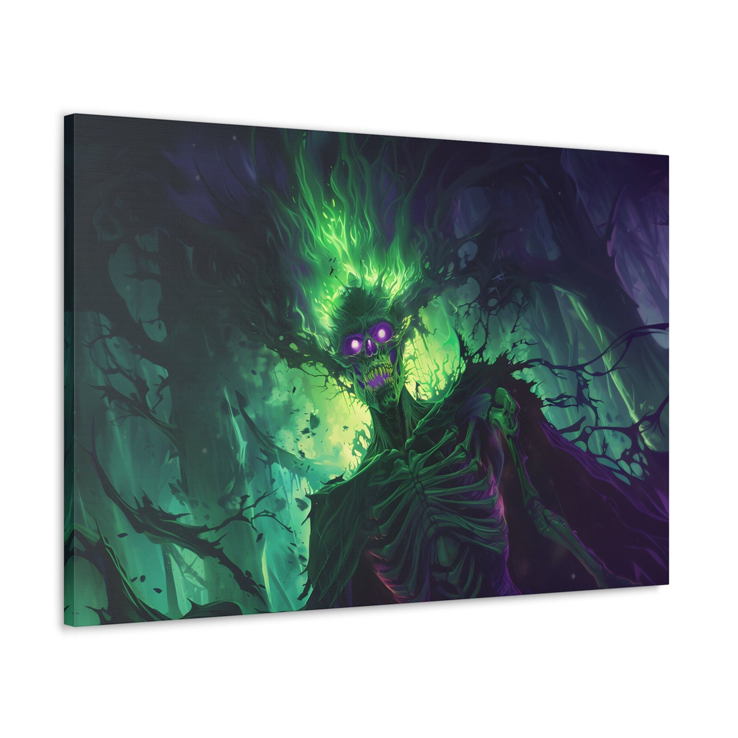 Horizontal-oriented artwork: An eerie illustration featuring a mystical lich with glowing eyes, surrounded by eldritch energies in shades of green and purple, against a dark, ominous background.