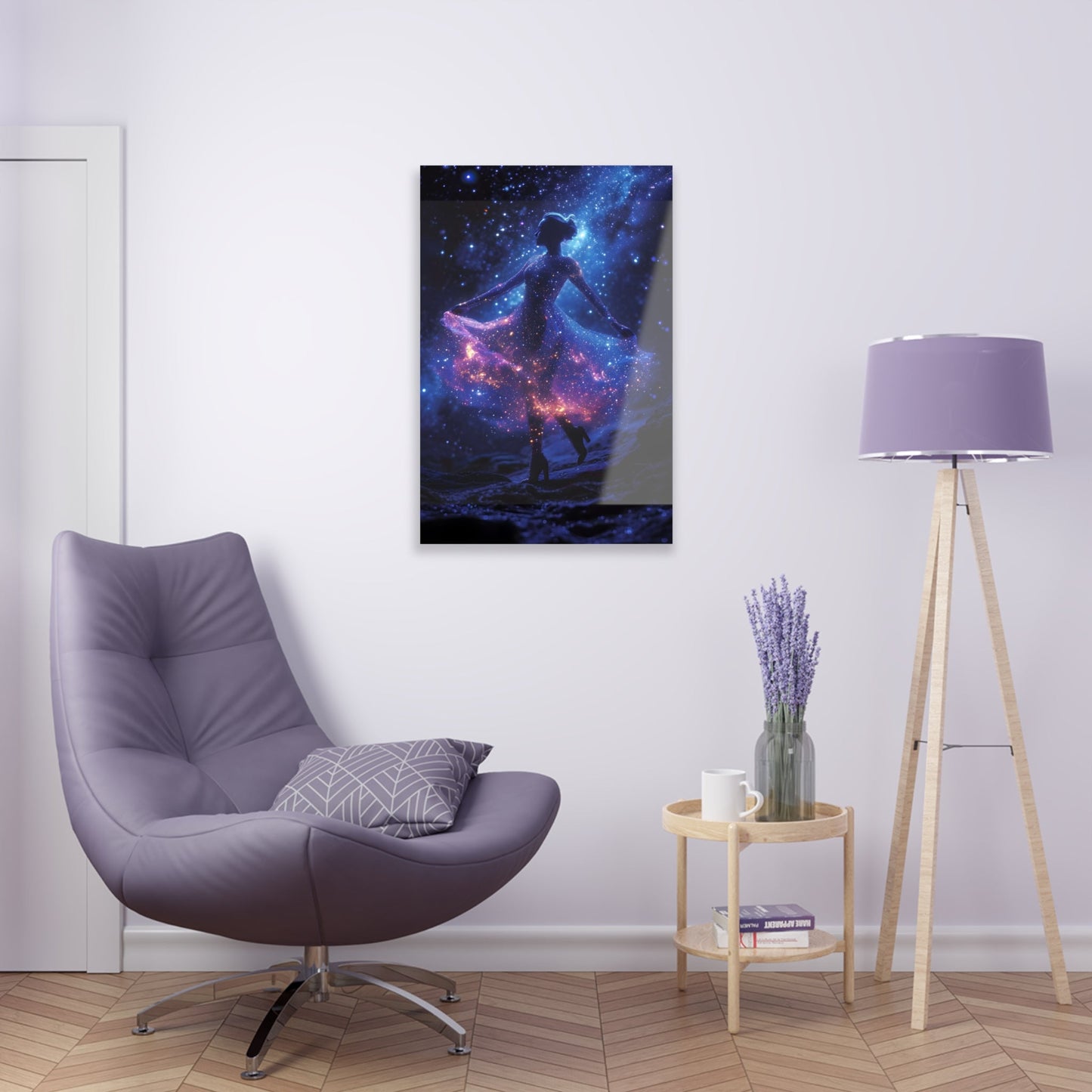 Capturing the celestial grace of a ballerina dancing amidst stars, Cosmic Ballet wall art adds an enchanting touch of cosmic elegance to your space, featuring a celestial dancer with a dress adorned by cosmic constellations with blue, pink, and purple hues.