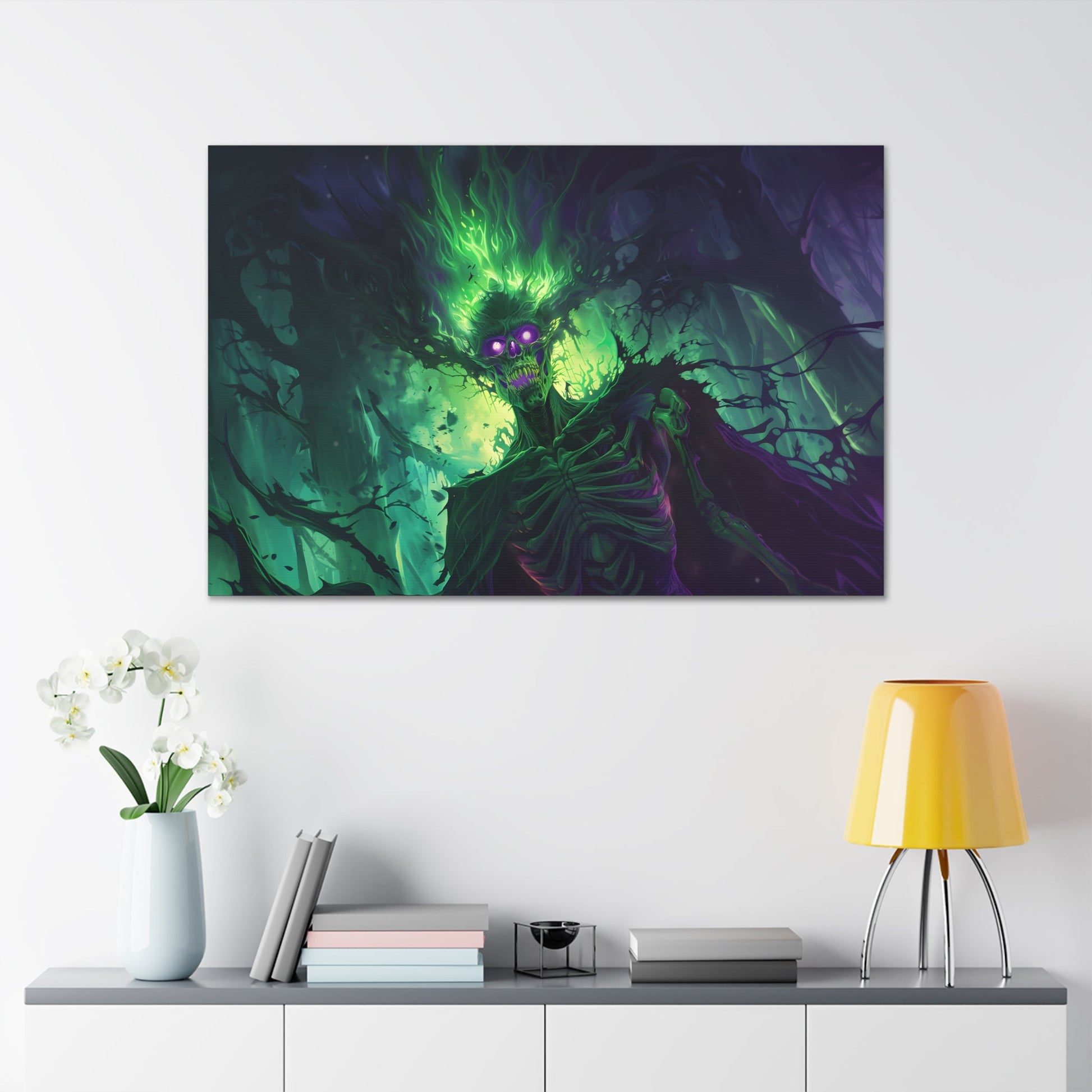 Horizontal-oriented artwork: An eerie illustration featuring a mystical lich with glowing eyes, surrounded by eldritch energies in shades of green and purple, against a dark, ominous background.