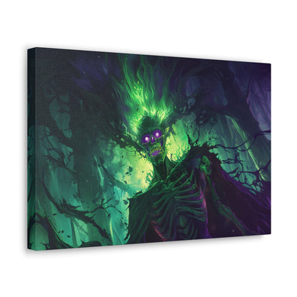 Horizontal-oriented artwork: An eerie illustration featuring a mystical lich with glowing eyes, surrounded by eldritch energies in shades of green and purple, against a dark, ominous background.