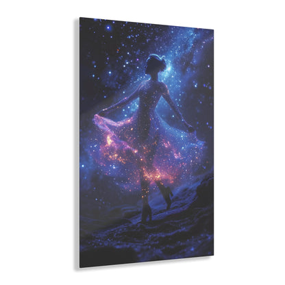 Capturing the celestial grace of a ballerina dancing amidst stars, Cosmic Ballet wall art adds an enchanting touch of cosmic elegance to your space, featuring a celestial dancer with a dress adorned by cosmic constellations with blue, pink, and purple hues.