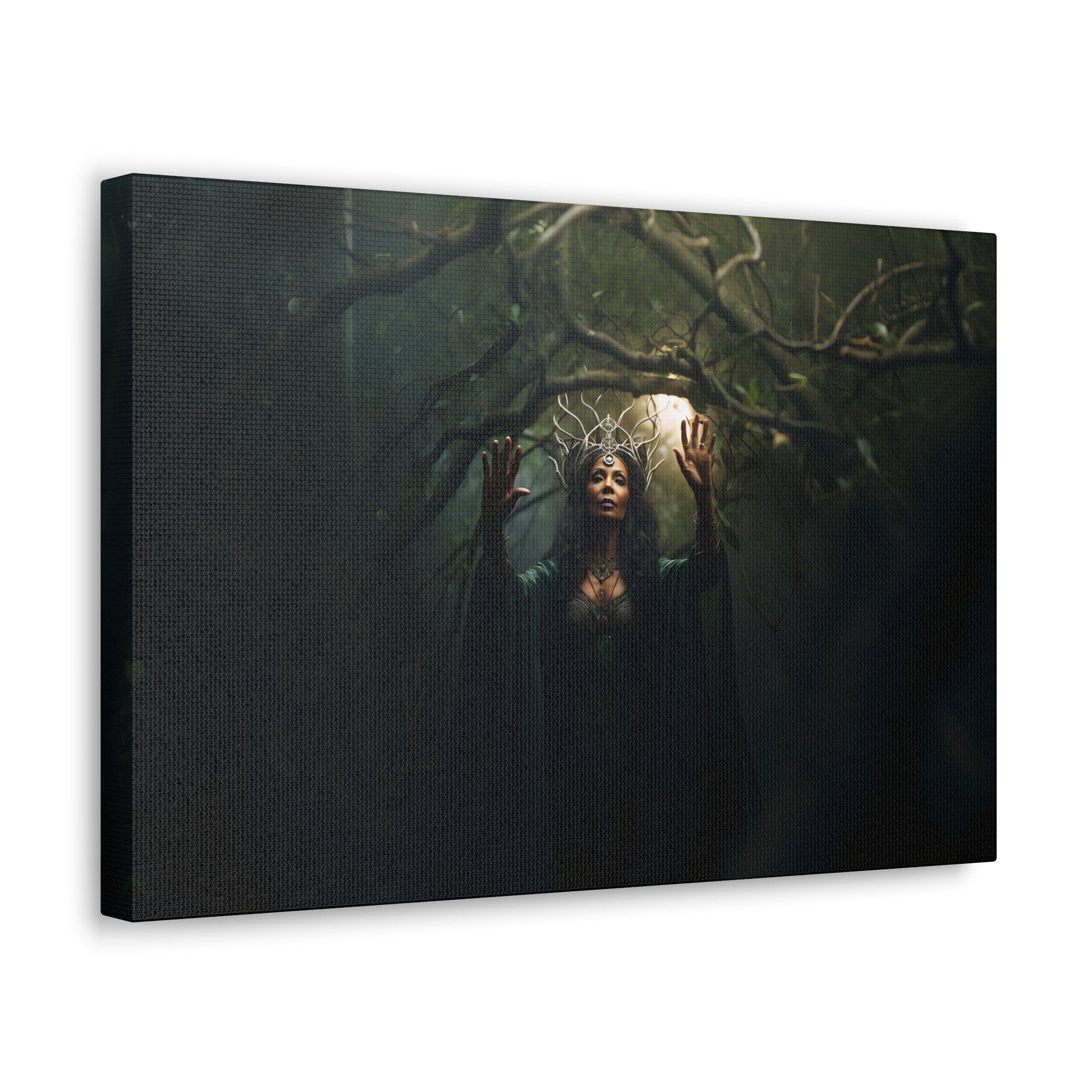 Horizontal-oriented wall art: 'Nature's Protector' from the Paragons of Play collection features a maternal druid standing amid the forest, invoking a spell to conjure protective vines. Her gentle yet powerful presence embodies the spirit of nature's defense and nurturing heart. This artwork encapsulates the harmony of natural magic and a guardian's undying dedication.