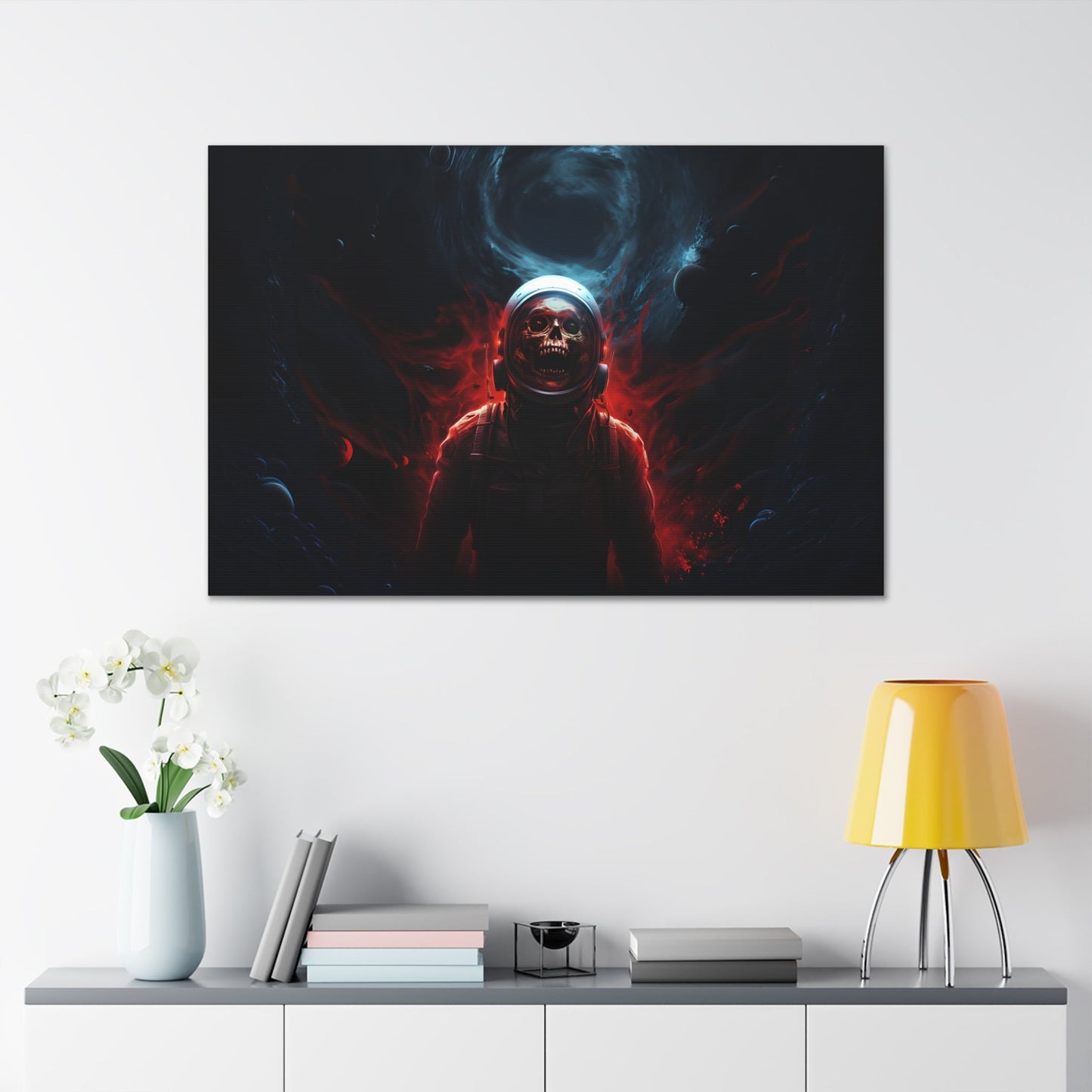 Horizontal-oriented wall art:'Cosmic Remains' from the Deep Space Dread collection features a surreal depiction of an astronaut's skeletal figure suspended in the vastness of space. The artwork showcases intricate details and cosmic hues, capturing the enigma of cosmic mysteries and otherworldly encounters.