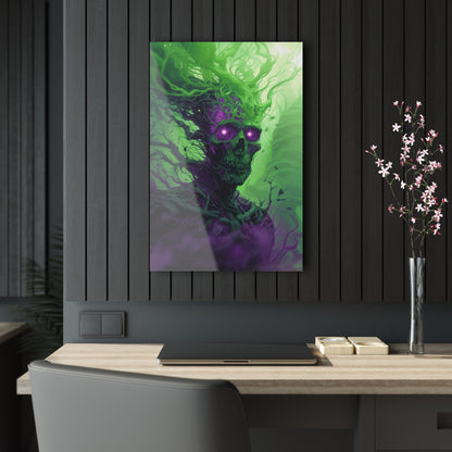 Vertical-oriented artwork: An eerie illustration featuring a mystical lich with glowing eyes, surrounded by eldritch energies in shades of green and purple, against a dark, ominous background.