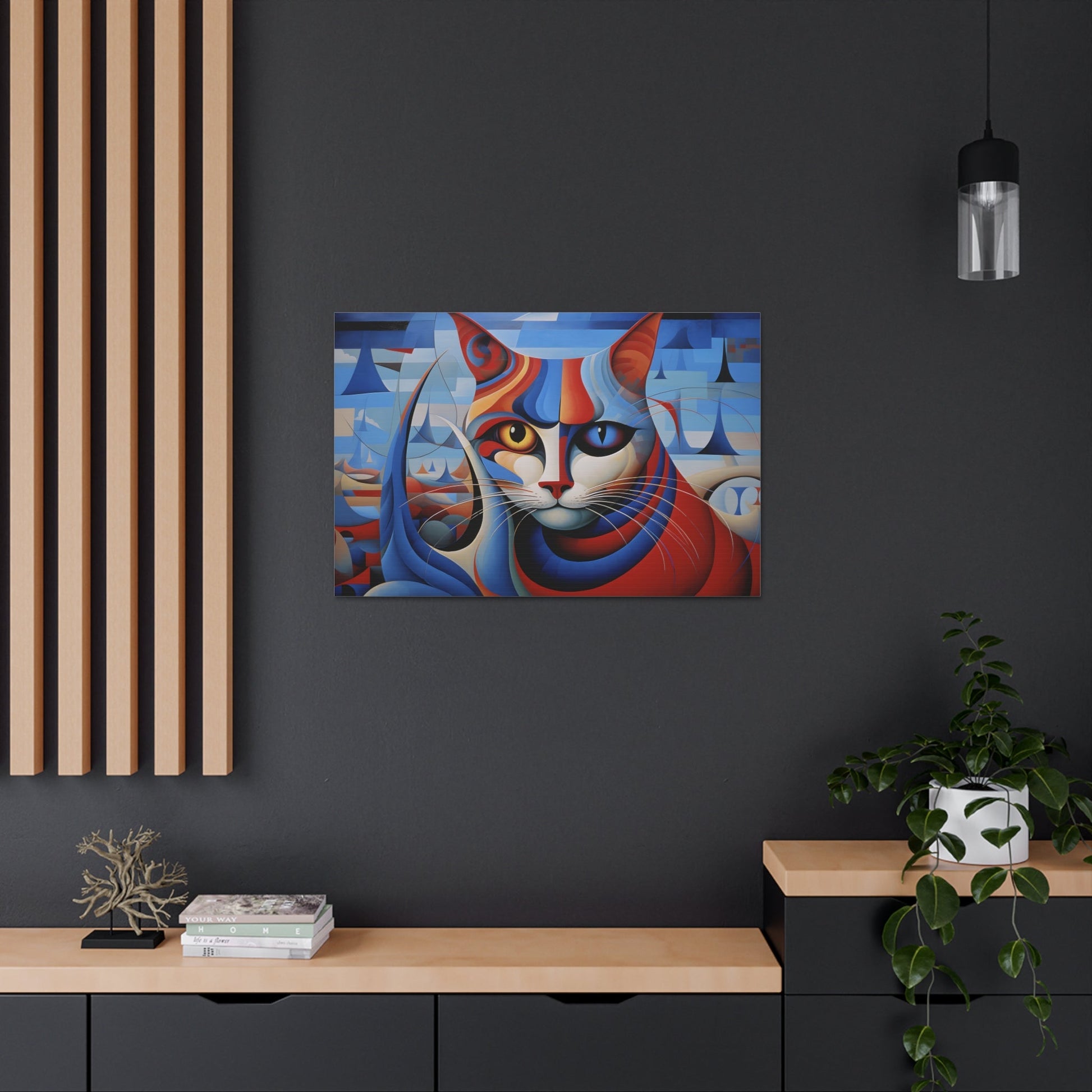 Horizontal-oriented wall art: A vibrant, cubist-inspired depiction of a cat's face, featuring bold geometric shapes and a striking mix of red, blue, and orange tones. The cat's eyes are prominently highlighted, with one eye in yellow and the other in blue, creating a captivating contrast against the abstract background.