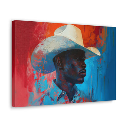 Horizontal-oriented artwork: Portrait of a Cowboy III depicts a close-up portrait of a lone cowboy, his face partially obscured by a wide-brimmed hat, rendered in the Impressionist style with charming details and contrasting values, capturing the rugged beauty of the Old West.