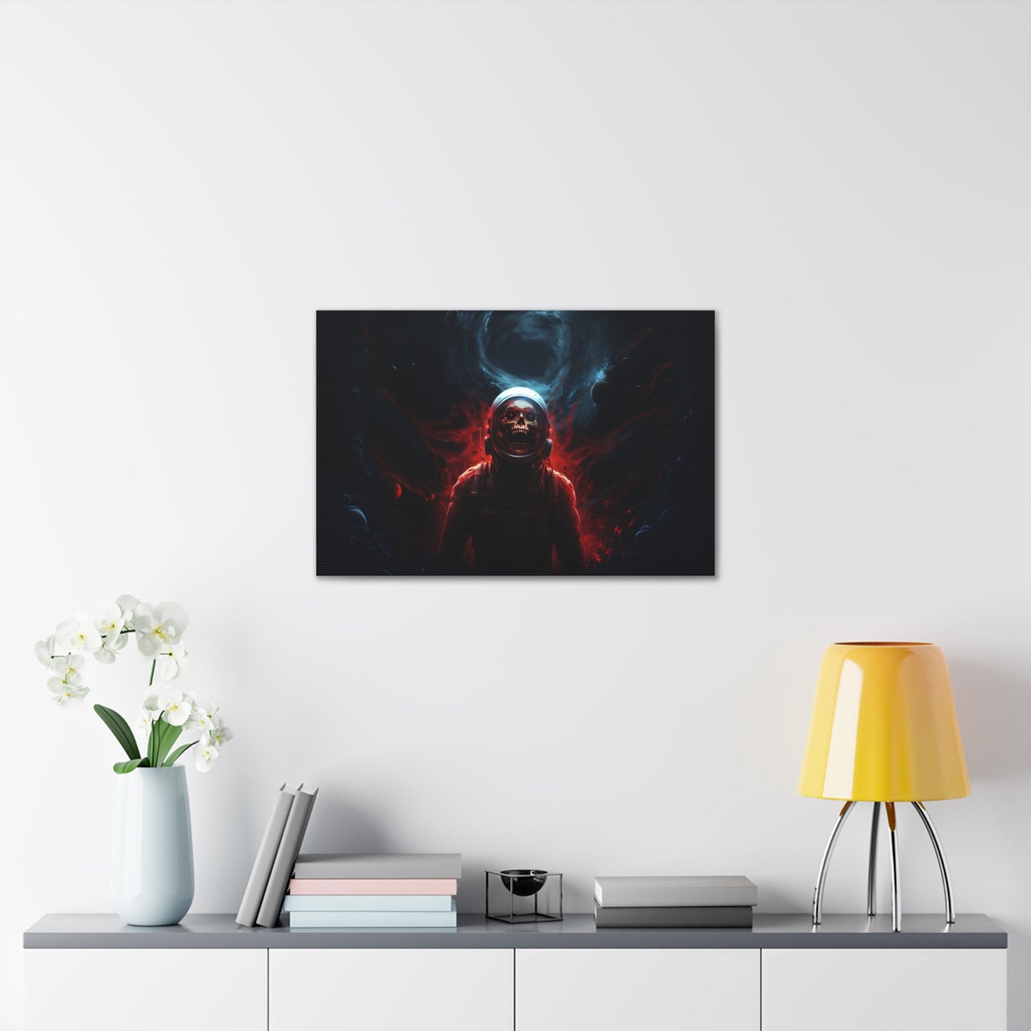 Horizontal-oriented wall art:'Cosmic Remains' from the Deep Space Dread collection features a surreal depiction of an astronaut's skeletal figure suspended in the vastness of space. The artwork showcases intricate details and cosmic hues, capturing the enigma of cosmic mysteries and otherworldly encounters.