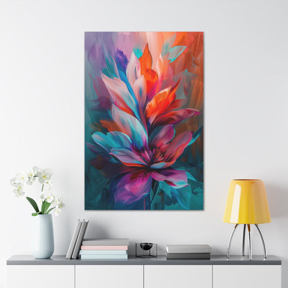 Vertical-oriented artwork: Vivid Floral Kaleidoscope - An abstract still life painting featuring a dynamic mix of colorful flowers in a kaleidoscopic arrangement, bursting with vibrant hues and intricate patterns.