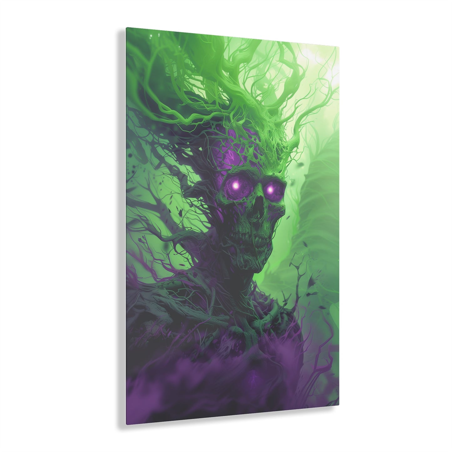 Vertical-oriented artwork: An eerie illustration featuring a mystical lich with glowing eyes, surrounded by eldritch energies in shades of green and purple, against a dark, ominous background.