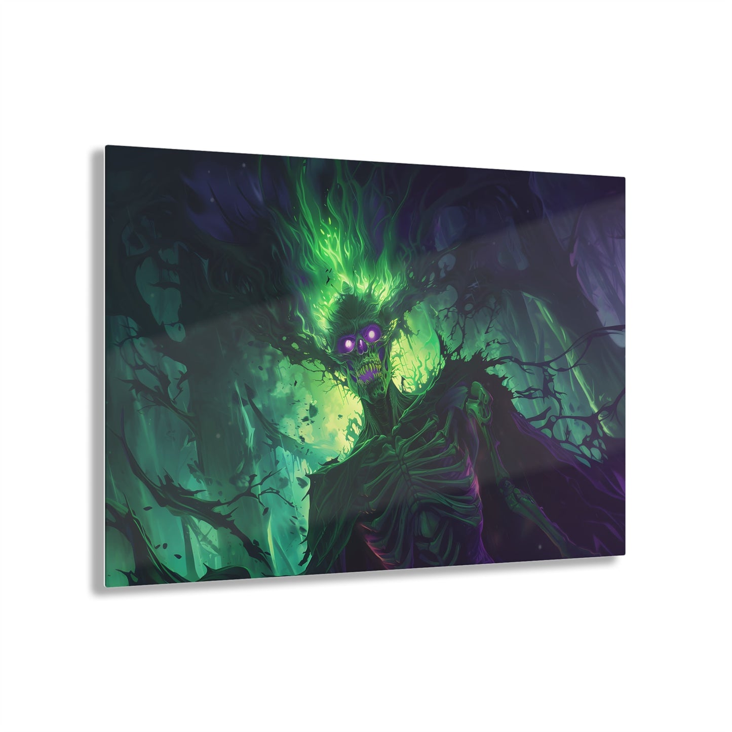 Horizontal-oriented artwork: An eerie illustration featuring a mystical lich with glowing eyes, surrounded by eldritch energies in shades of green and purple, against a dark, ominous background.