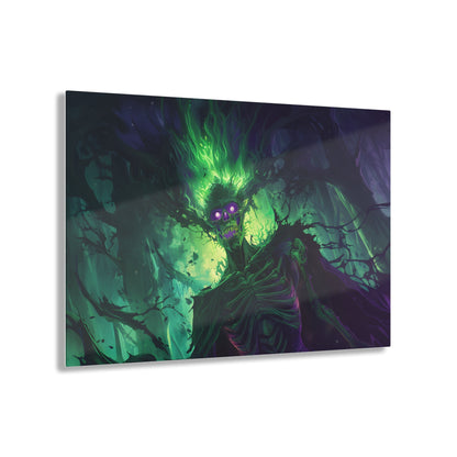 Horizontal-oriented artwork: An eerie illustration featuring a mystical lich with glowing eyes, surrounded by eldritch energies in shades of green and purple, against a dark, ominous background.