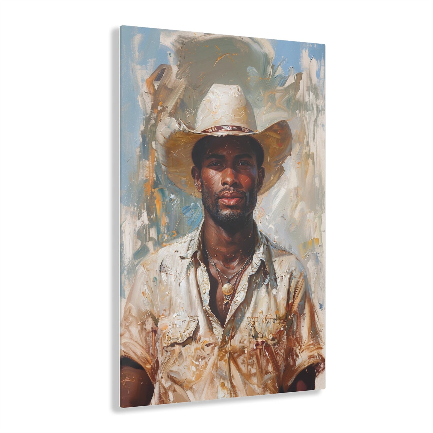 Vertical-oriented artwork: Portrait of a Cowboy IV depicts a close-up portrait of an african-american lone cowboy, his face partially obscured by a wide-brimmed hat, rendered in the Impressionist style with charming details and contrasting values, capturing the rugged beauty of the Old West.