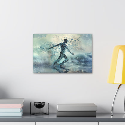 Spectral Seafarer" portrays a male silhouette dancing amid celestial oceanic waves, blending ethereal beauty with the grace of the underwater world, in a stunning display of pointillism-infused art.