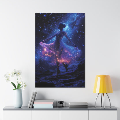 Capturing the celestial grace of a ballerina dancing amidst stars, Cosmic Ballet wall art adds an enchanting touch of cosmic elegance to your space, featuring a celestial dancer with a dress adorned by cosmic constellations with blue, pink, and purple hues.