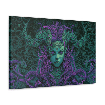 Horizontal-oriented artwork: Illustration inspired artwork featuring an otherworldly queen with green skin and purple tentacles, set against a dark and mysterious background. The queen's symmetrical face and intricate design elements evoke an aura of eerie mystique.