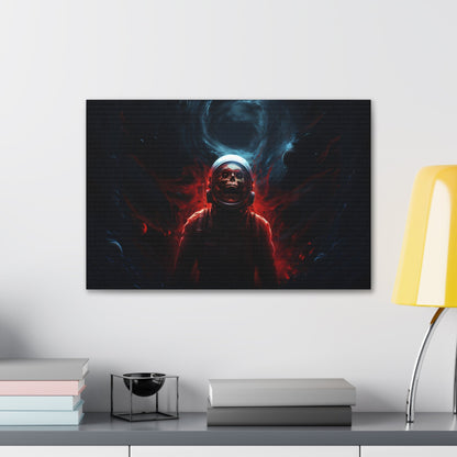 Horizontal-oriented wall art:'Cosmic Remains' from the Deep Space Dread collection features a surreal depiction of an astronaut's skeletal figure suspended in the vastness of space. The artwork showcases intricate details and cosmic hues, capturing the enigma of cosmic mysteries and otherworldly encounters.