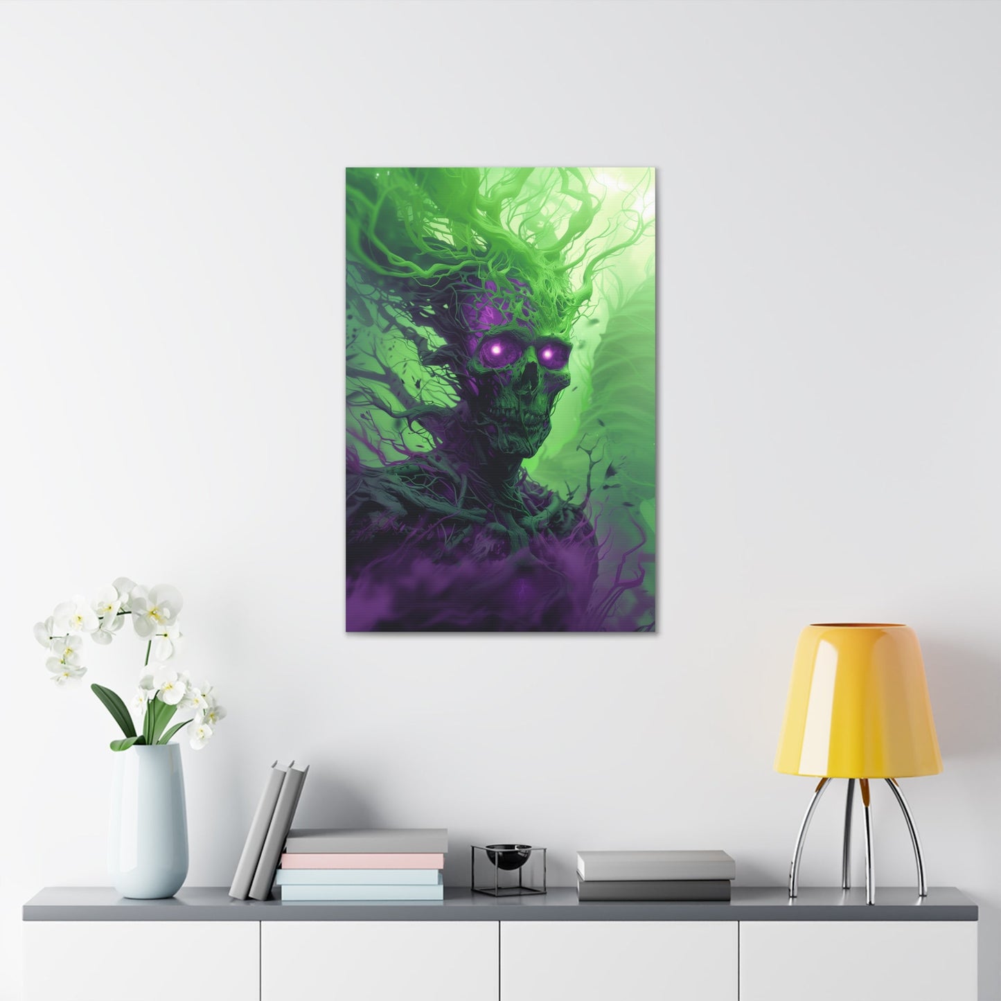 Vertical-oriented artwork: An eerie illustration featuring a mystical lich with glowing eyes, surrounded by eldritch energies in shades of green and purple, against a dark, ominous background.