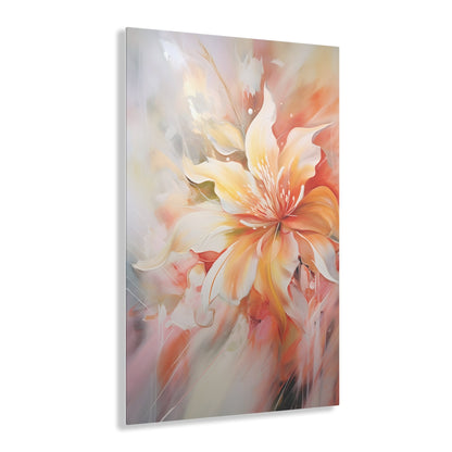 Vertical-Oriented wall art: "Whispering Ivory II" A soft, ivory-colored flower with gentle petals in shades of cream, peach, and blush, captured in flowing brushstrokes. This abstract artwork exudes tranquility and elegance, creating a serene atmosphere.