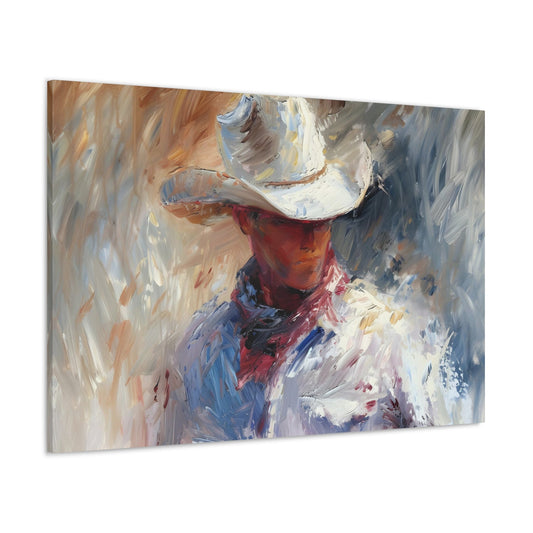 Horizontal-oriented artwork: Portrait of a Cowboy depicts a close-up portrait of a lone cowboy, his face partially obscured by a wide-brimmed hat, rendered in the Impressionist style with charming details and contrasting values, capturing the rugged beauty of the Old West.