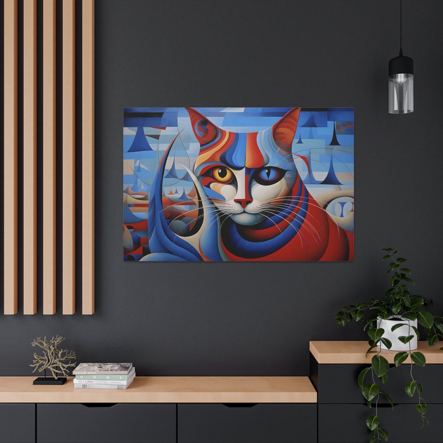 Horizontal-oriented wall art: A vibrant, cubist-inspired depiction of a cat's face, featuring bold geometric shapes and a striking mix of red, blue, and orange tones. The cat's eyes are prominently highlighted, with one eye in yellow and the other in blue, creating a captivating contrast against the abstract background.