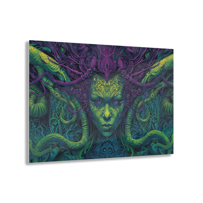 Horizontal-oriented artwork: Illustration inspired artwork featuring an otherworldly queen with green skin and purple tentacles, set against a dark and mysterious background. The queen's symmetrical face and intricate design elements evoke an aura of eerie mystique.