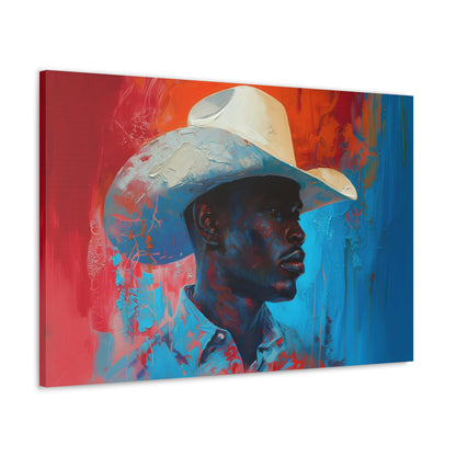 Horizontal-oriented artwork: Portrait of a Cowboy III depicts a close-up portrait of a lone cowboy, his face partially obscured by a wide-brimmed hat, rendered in the Impressionist style with charming details and contrasting values, capturing the rugged beauty of the Old West.