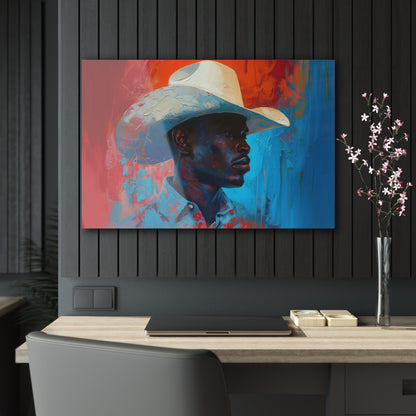 Horizontal-oriented artwork: Portrait of a Cowboy III depicts a close-up portrait of a lone cowboy, his face partially obscured by a wide-brimmed hat, rendered in the Impressionist style with charming details and contrasting values, capturing the rugged beauty of the Old West.