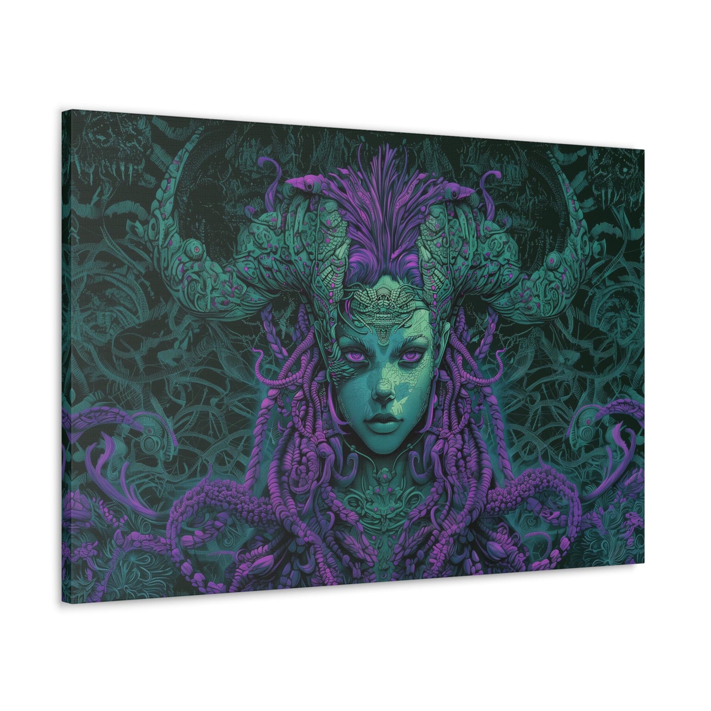 Horizontal-oriented artwork: Illustration inspired artwork featuring an otherworldly queen with green skin and purple tentacles, set against a dark and mysterious background. The queen's symmetrical face and intricate design elements evoke an aura of eerie mystique.