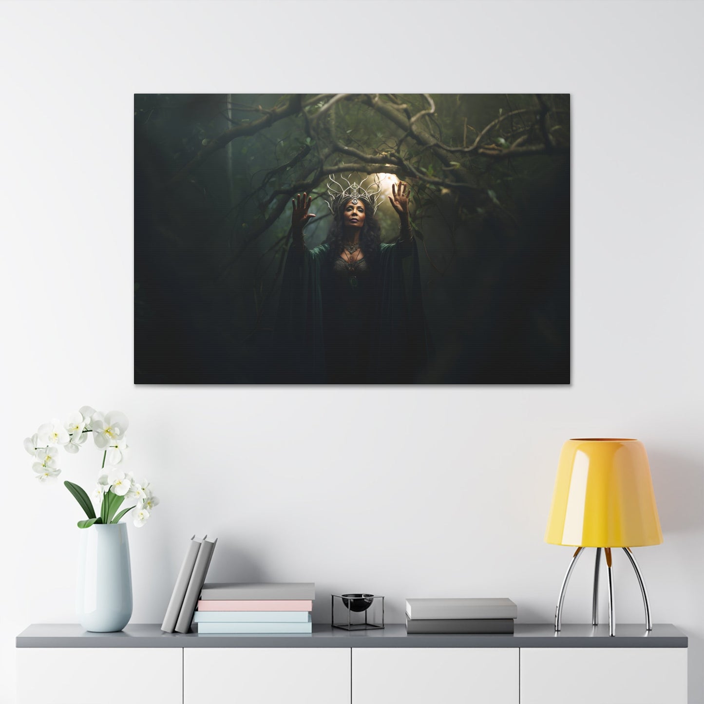 Horizontal-oriented wall art: 'Nature's Protector' from the Paragons of Play collection features a maternal druid standing amid the forest, invoking a spell to conjure protective vines. Her gentle yet powerful presence embodies the spirit of nature's defense and nurturing heart. This artwork encapsulates the harmony of natural magic and a guardian's undying dedication.