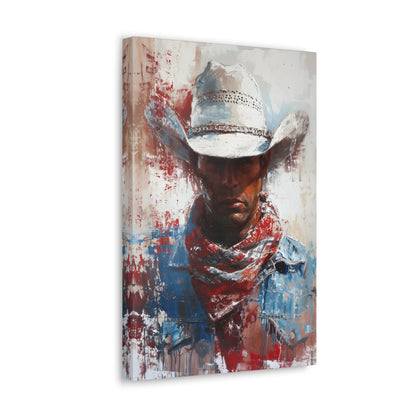 Vertical-oriented artwork: Portrait of a Cowboy II depicts a close-up portrait of a lone cowboy, his face partially obscured by a wide-brimmed hat, rendered in the Impressionist style with charming details and contrasting values, capturing the rugged beauty of the Old West.